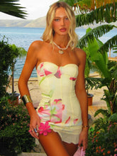 Women's Yellow Strapless Printed Wrap Mini Dress for Beach Holiday