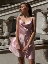 Elegant Spaghetti Strap Satin Dress in Pink and Blue for Parties