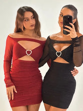 Red Rhinestone Slash Neck Mesh Patchwork Long Sleeve Party Dress