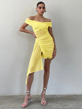 Women's Yellow Asymmetrical Mesh Dress with Slash Neck Style