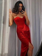 Women's Red Strapless Ruched Split Evening Dress with High Waist