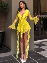 Women's V-Neck Lace Ruffled Short Dress with Flare Sleeves