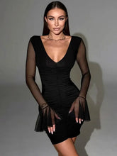 Women's Elegant V-Neck Black Mesh Patchwork Flare Sleeve Dress