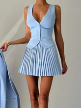 Women's Fashion V-Neck Sleeveless Vest and Pleated Skirt Set
