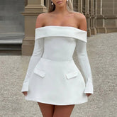 Off-Shoulder Mini Dress with Long Sleeves and Pocket Details