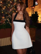 Elegant Halter Neck Black and White A-line Backless Dress