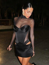 Women's Black Turtleneck Mesh Patchwork Long Sleeve Dress