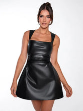 Faux PU Leather Black A-Line Tunic Dress with Square Collar