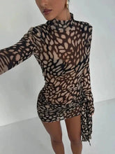 Women's Leopard Print See-Through Mesh Turtleneck Dress