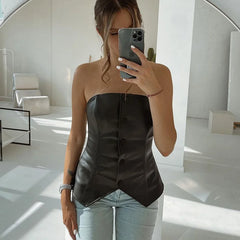 Pu Leather Women Tube Tank Patchwork Skinny Streetwear Top