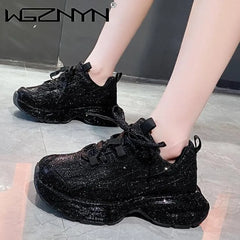 Women's Luxury Bling Chunky Sneakers Casual Genuine Leather Shoes