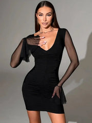 Women's Elegant V-Neck Black Mesh Patchwork Flare Sleeve Dress
