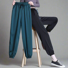 Ice Silk Satin Loose Sports Pants for Women with Pockets and Drawstring