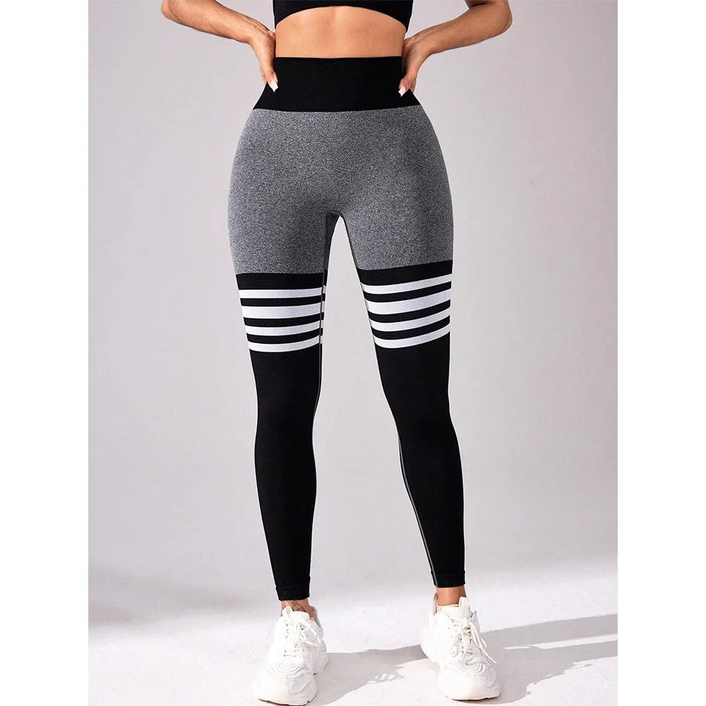 Women Seamless Stripe High Waist Yoga Leggings with Tummy Control