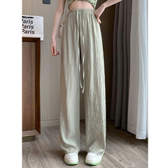 Trendy Pleated Ice Silk Wide Leg Pants for Women Casual Trousers