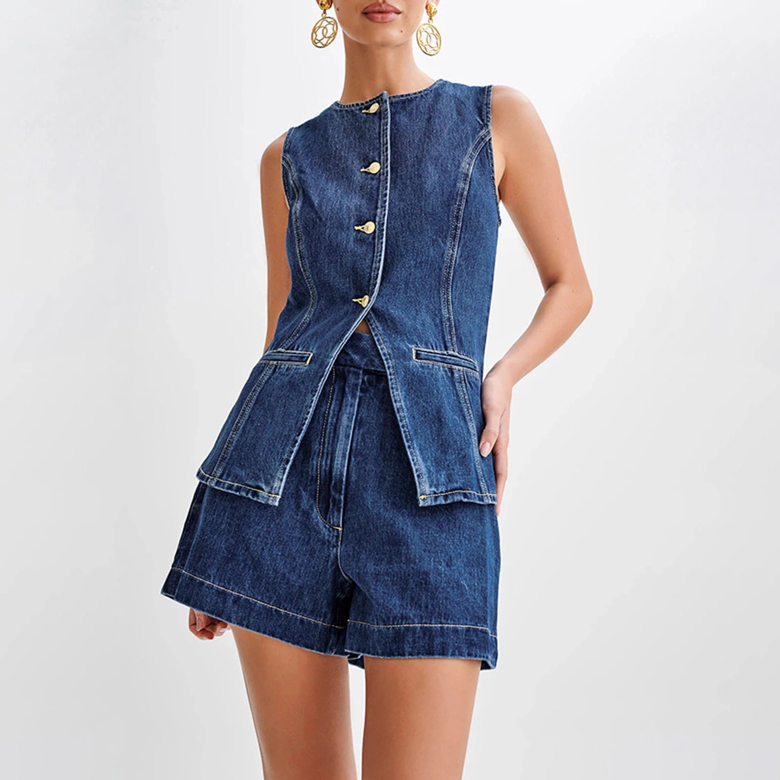 Women's Denim 2 Piece Casual Blazer Vest and Shorts Outfit