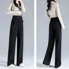 Office Lady Solid Color Loose High Waist Wide Leg Trousers