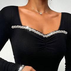 Elegant Rhinestone Sweetheart Neck Long Sleeve Slim Fit Casual Top