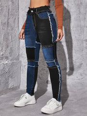 Women's Blue and Black Contrast Tight Jeans for Stylish Look