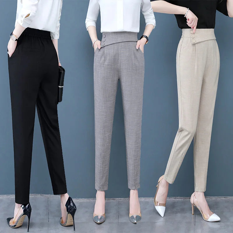 Pantalon sarouel d'été noir taille haute avec poches pour femmes de bureau 