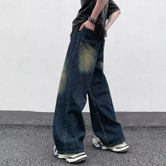 Blue Baggy Jeans – Korean High Street Stoned Wash Wide-Leg Pants