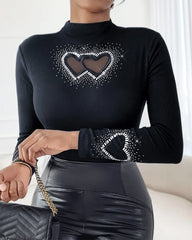 Rhinestone Heart Pattern Stand Collar Slim Fit Long Sleeve Tee