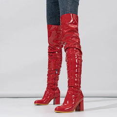 Women's Red Patent Leather Thigh High Boots with Zip