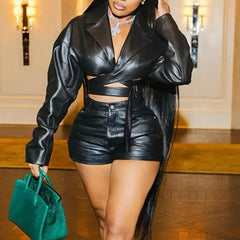 Women's Black PU Leather V-Neck Long Sleeve Crop Top and Shorts Set