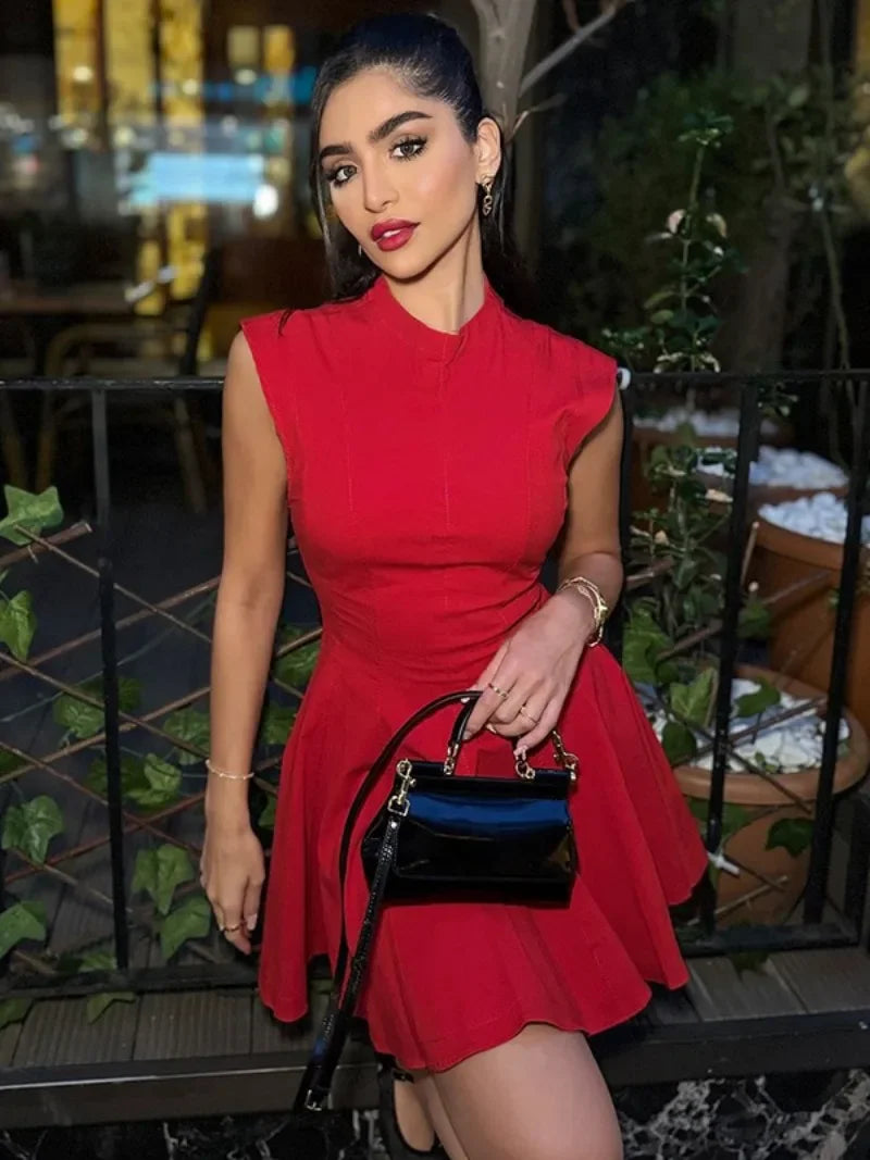 Women's Elegant High Waist Red Black Pleated Sleeveless Dress