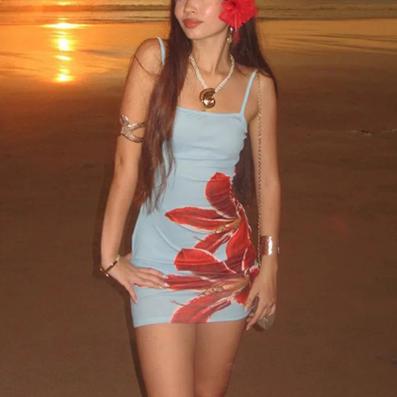 Stunning Blue Mini Dress with Red Floral Print for Beach or Party