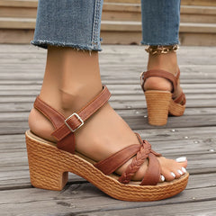 Ankle Strap Chunky Heeled Sandals for Women in Black Weaving Style