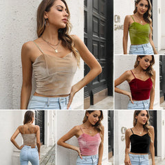 Women's Velvet V Neck Halter Crop Top Backless Camisole