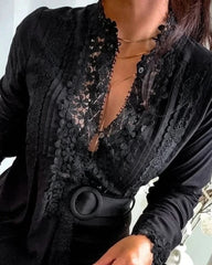 Women's Floral Pattern Lace Patch Button Long Sleeve Blouse