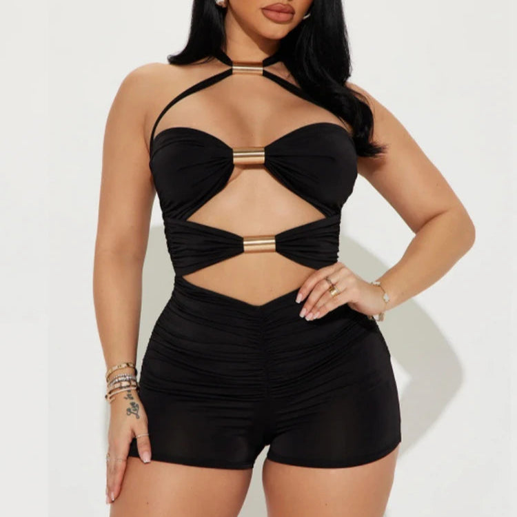 Individuality Hollow Out Bow Metal Splice Halter Backless Playsuit