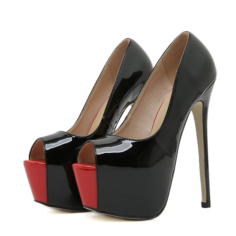 Escarpins à talons hauts peep toe en cuir verni noir et rouge pour femmes