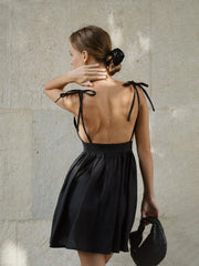 Women's Black Backless Cotton A-Line High Waist Short Dress