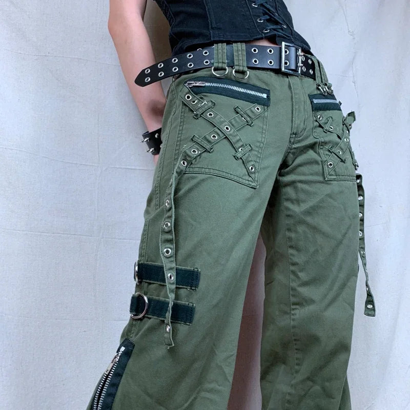 Pantalon cargo large vert pour femme avec poches et fermeture éclair