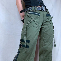 Women's Green Cargo Wide Leg Baggy Pants with Pockets and Zipper