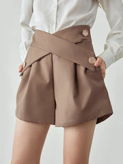 High Waist Casual Solid Crisscross Button Shorts for Women