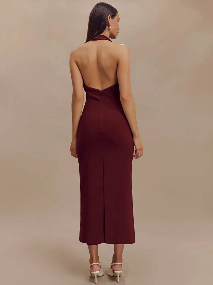 Halter Deep V Neck Sleeveless Maxi Dress with Backless Design