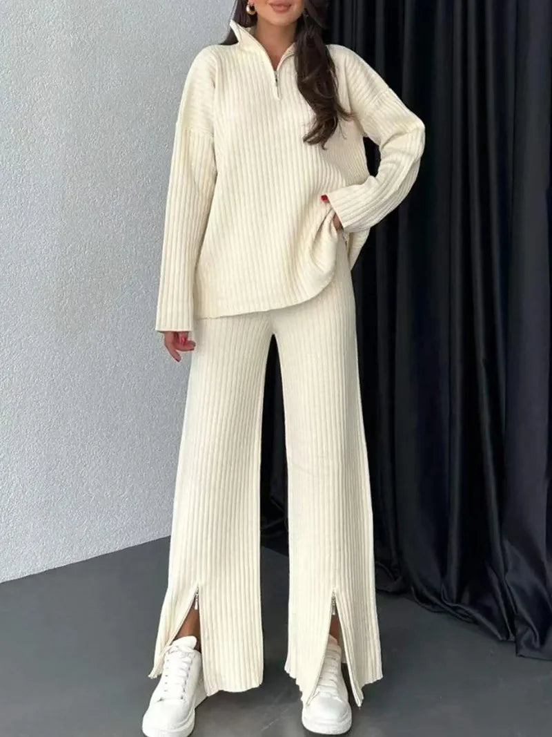 Ensemble pull et pantalon tricotés à demi-fermeture éclair pour femme automne-hiver