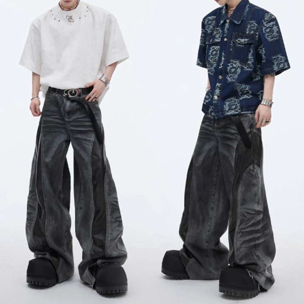 Men's PU Leather Stitching Jeans – Whisker Washed Wilderness Style Streetwear Pants