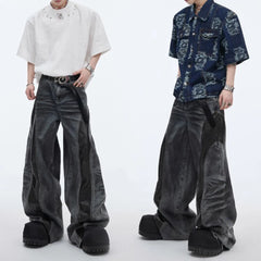 Men's PU Leather Stitching Jeans – Whisker Washed Wilderness Style Streetwear Pants