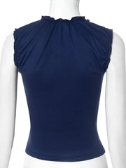 Haut court corset froncé à col en V bleu uni pour femme