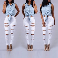 New Spring Summer Black and White Ripped Skinny Denim Pants