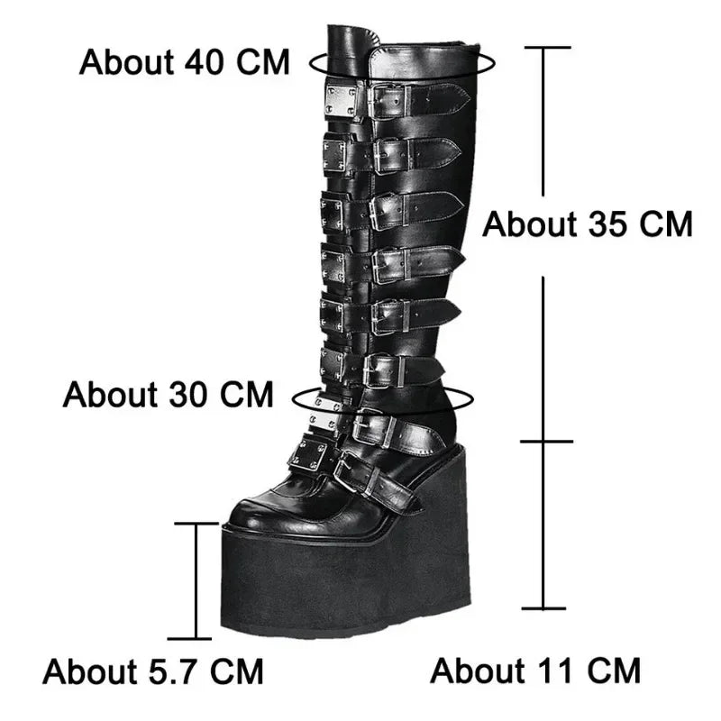 Women's Black High Heel Platform Wedge Gothic Knee-High Boots