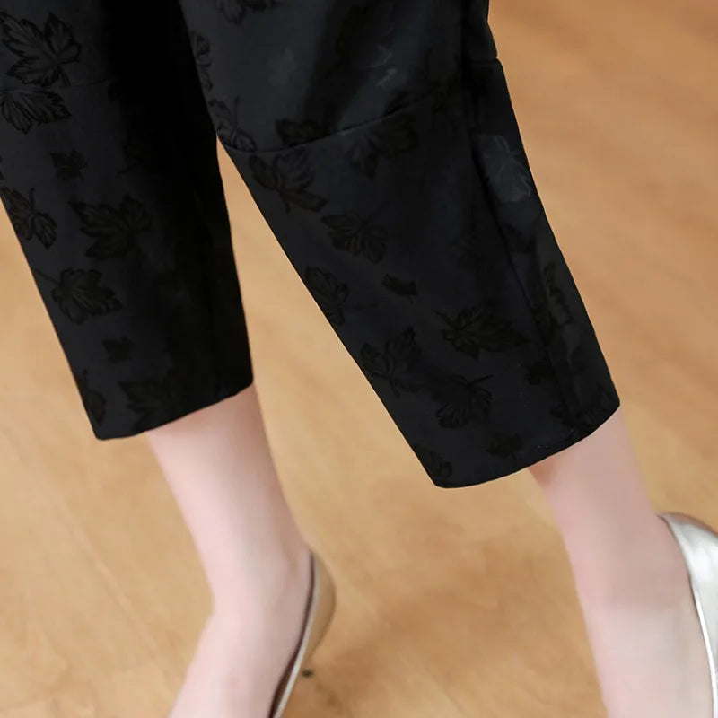 Women's Spliced Button Zipper Pocket Printed Slim Casual Pants