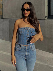 Summer Denim Tube Top – Button-Up Strapless Crop for Party & Casual Wear