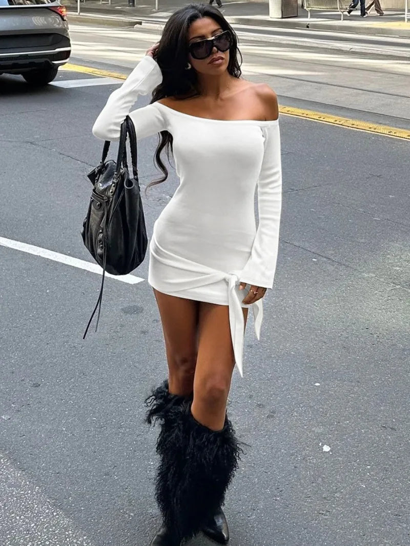 Off-Shoulder Long Sleeve Bodycon Mini Dress in Elegant Black