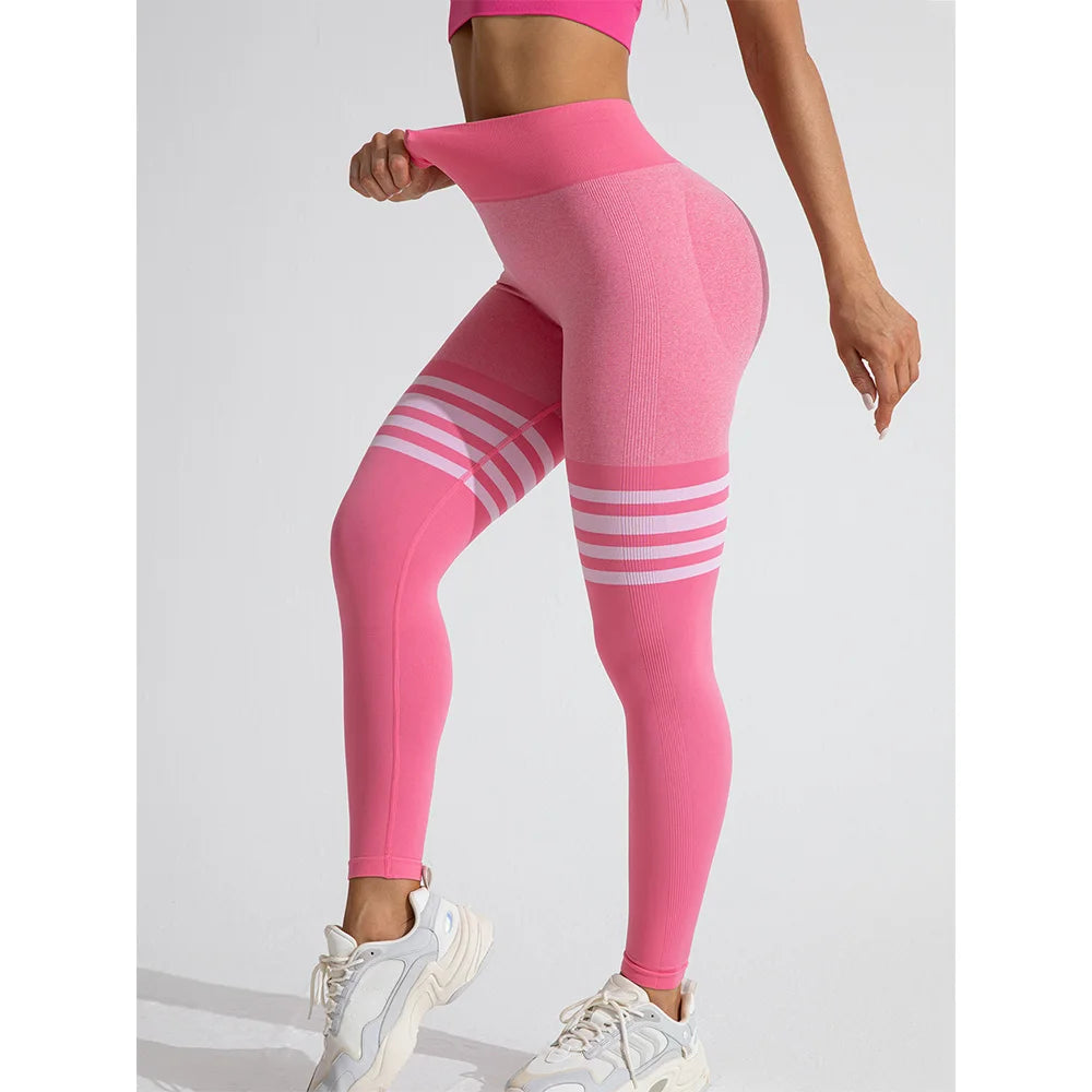 Women Seamless Stripe High Waist Yoga Leggings with Tummy Control